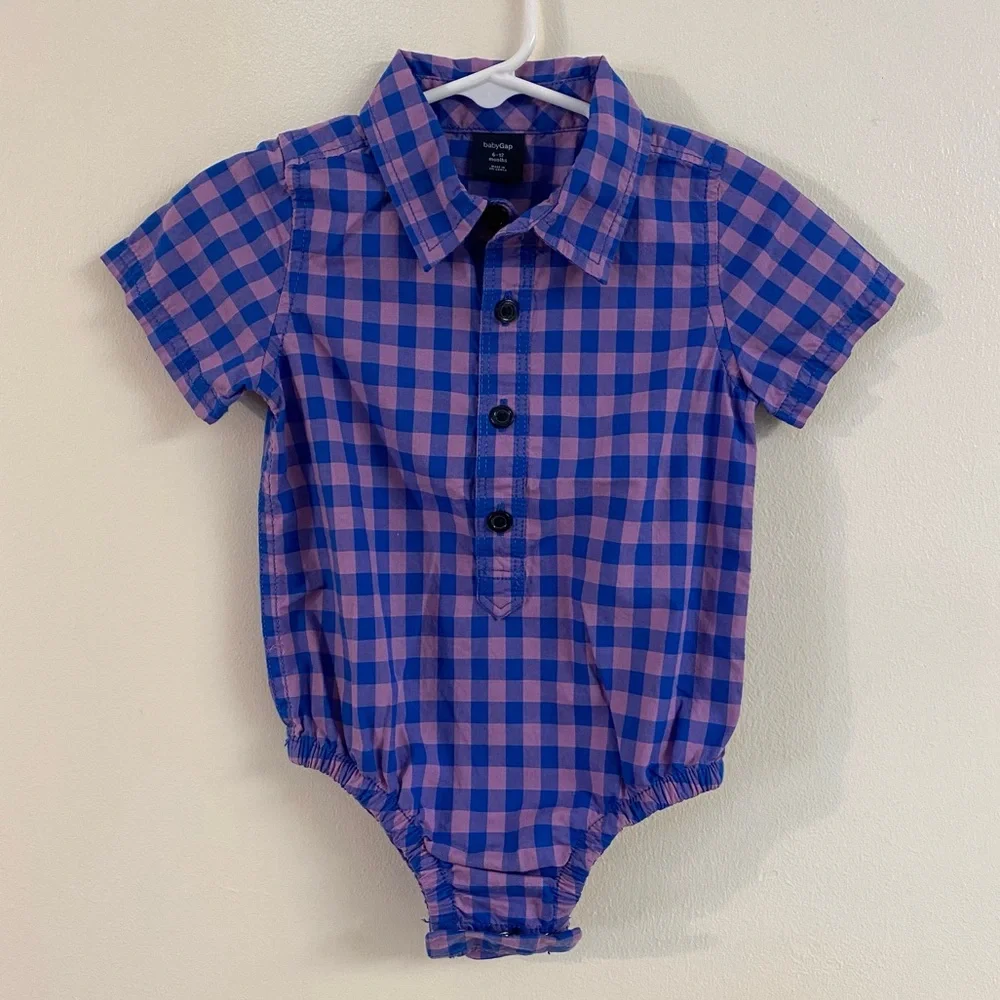 Blue and purple plaid short sleeve bodysuit with point collar